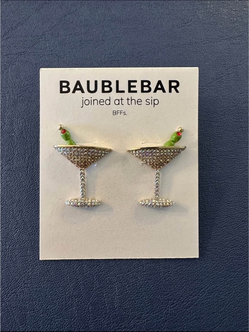 BaubleBar Silver Crystal Martini Glass Earrings with Green Olive